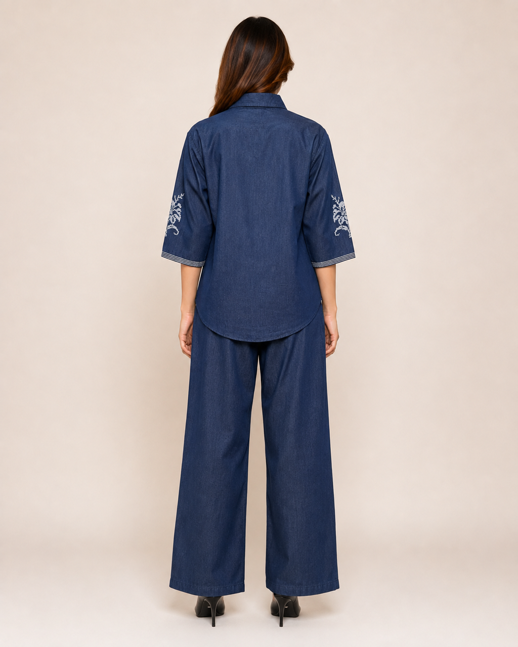 Navy Blue Floral Embroidered Shirt & Wide-Leg Pant Set for Women
