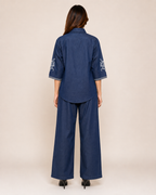 Navy Blue Floral Embroidered Shirt & Wide-Leg Pant Set for Women
