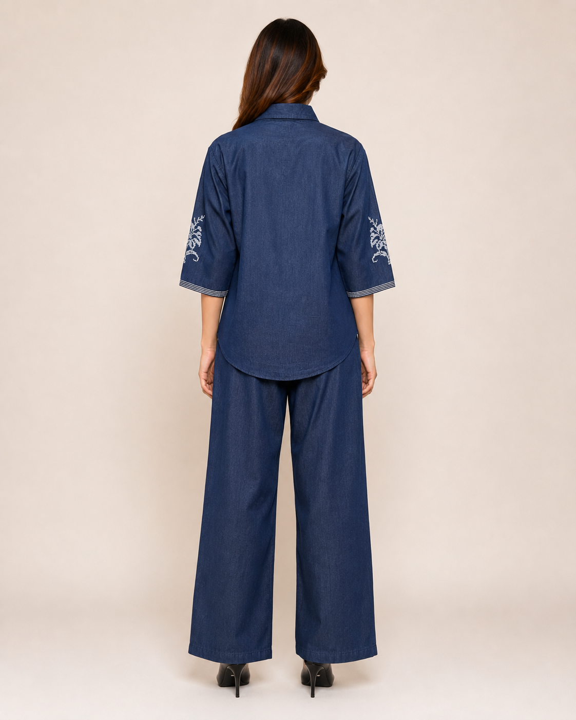 Navy Blue Floral Embroidered Shirt & Wide-Leg Pant Set for Women