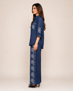 Navy Blue Floral Embroidered Shirt & Wide-Leg Pant Set for Women