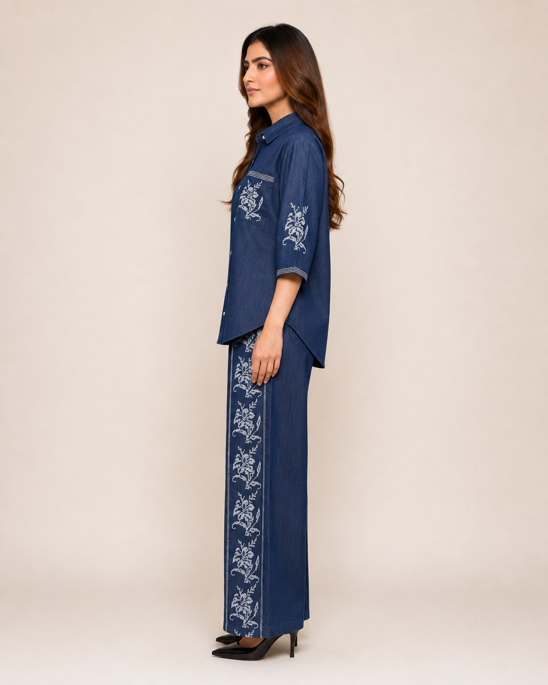 Navy Blue Floral Embroidered Shirt & Wide-Leg Pant Set for Women