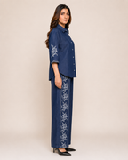 Navy Blue Floral Embroidered Shirt & Wide-Leg Pant Set for Women