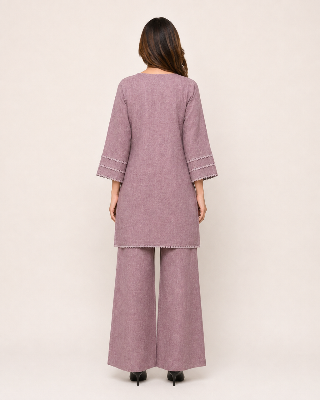 Mauve Embroidered Kurta & Wide-Leg Pant Set for Women