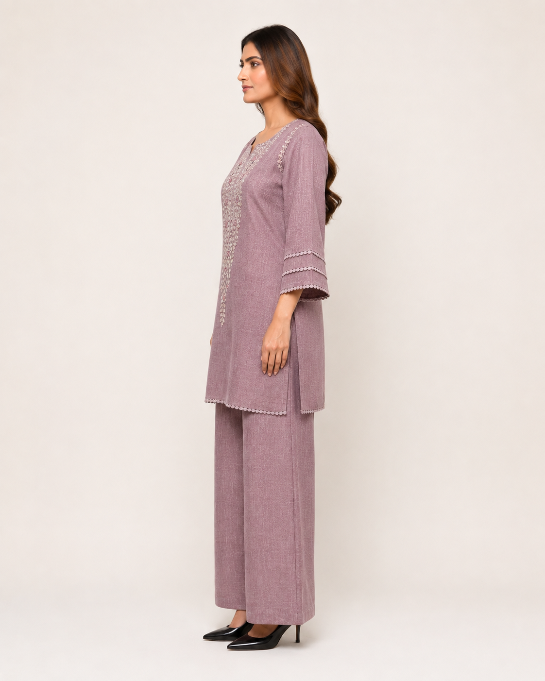 Mauve Embroidered Kurta & Wide-Leg Pant Set for Women