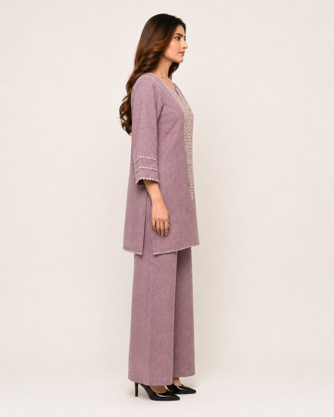 Mauve Embroidered Kurta & Wide-Leg Pant Set for Women