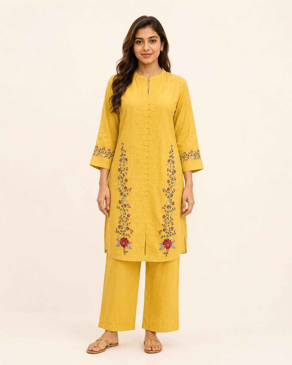 Mustard Yellow Floral Embroidered Kurta Pant Set for Women