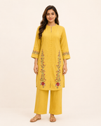 Mustard Yellow Floral Embroidered Kurta Pant Set for Women