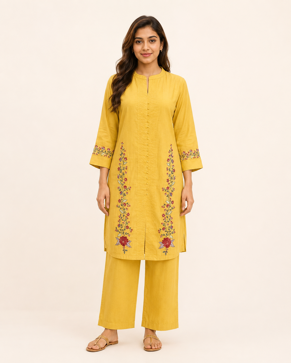 Mustard Yellow Floral Embroidered Kurta Pant Set for Women