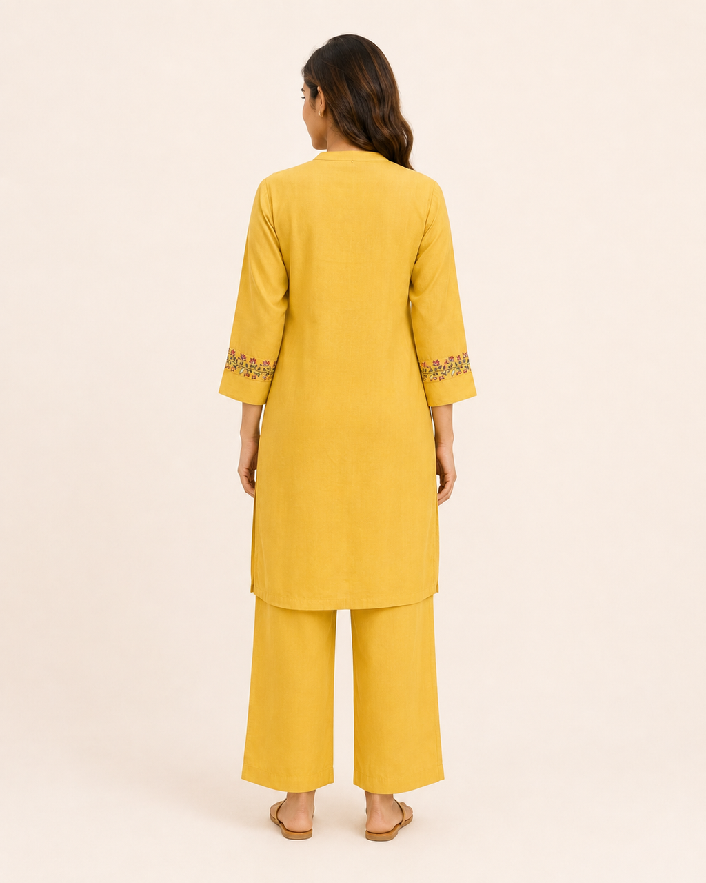 Mustard Yellow Floral Embroidered Kurta Pant Set for Women