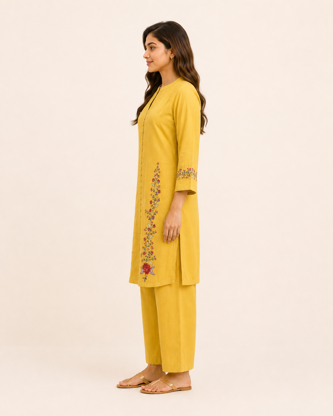 Mustard Yellow Floral Embroidered Kurta Pant Set for Women