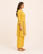 Mustard Yellow Floral Embroidered Kurta Pant Set for Women