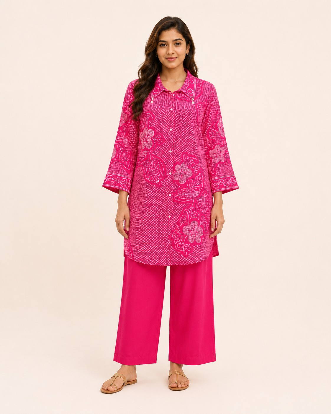 A woman modeling a bright pink kurta set with floral embroidery, consisting of a long-sleeve button-up tunic and matching wide-leg pants, against a solid light beige background.