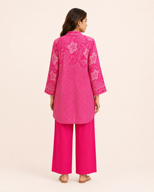 Hot Pink Floral Printed Kurta Pant Set for Women