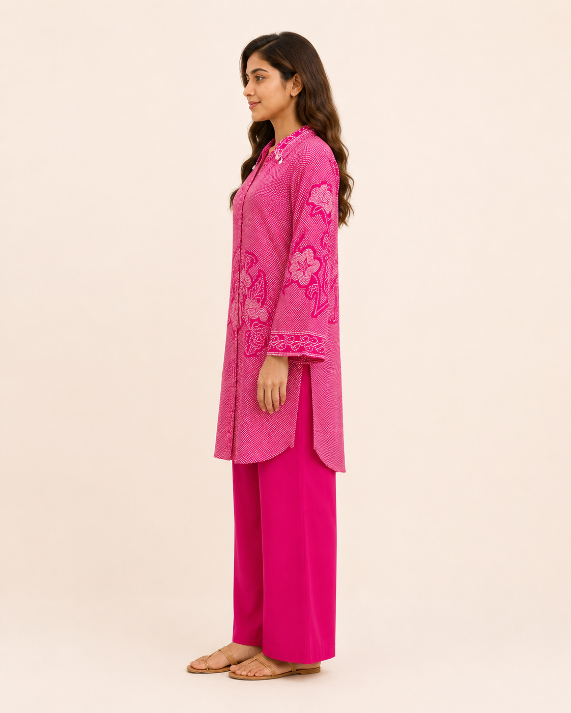 Hot Pink Floral Printed Kurta Pant Set for Women