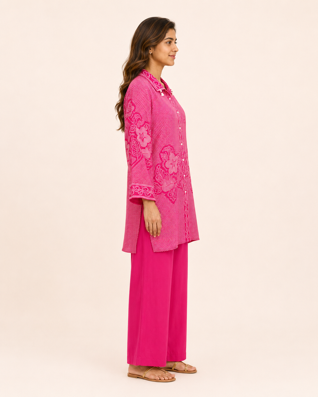 Hot Pink Floral Printed Kurta Pant Set for Women