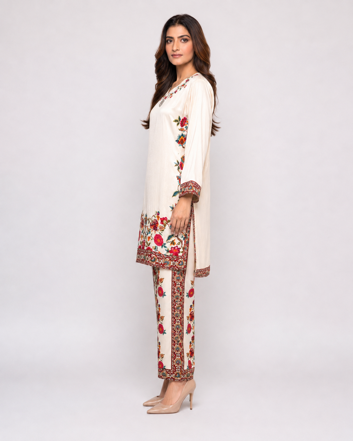 Ivory Multicolor Floral Embroidered Kurta Pant Set for Women