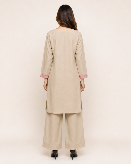 Beige Pink Embroidered Kurta Palazzo Set for Women