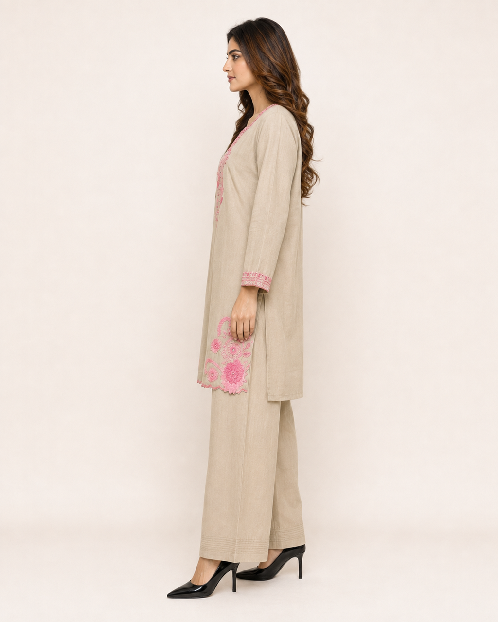 Beige Pink Embroidered Kurta Palazzo Set for Women