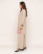 Beige Pink Embroidered Kurta Palazzo Set for Women