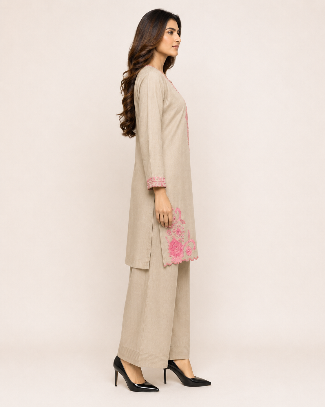 Beige Pink Embroidered Kurta Palazzo Set for Women