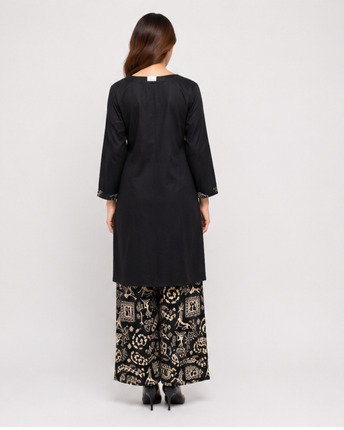 Black Printed Kurta Palazzo Set with Cream Motif for Women
